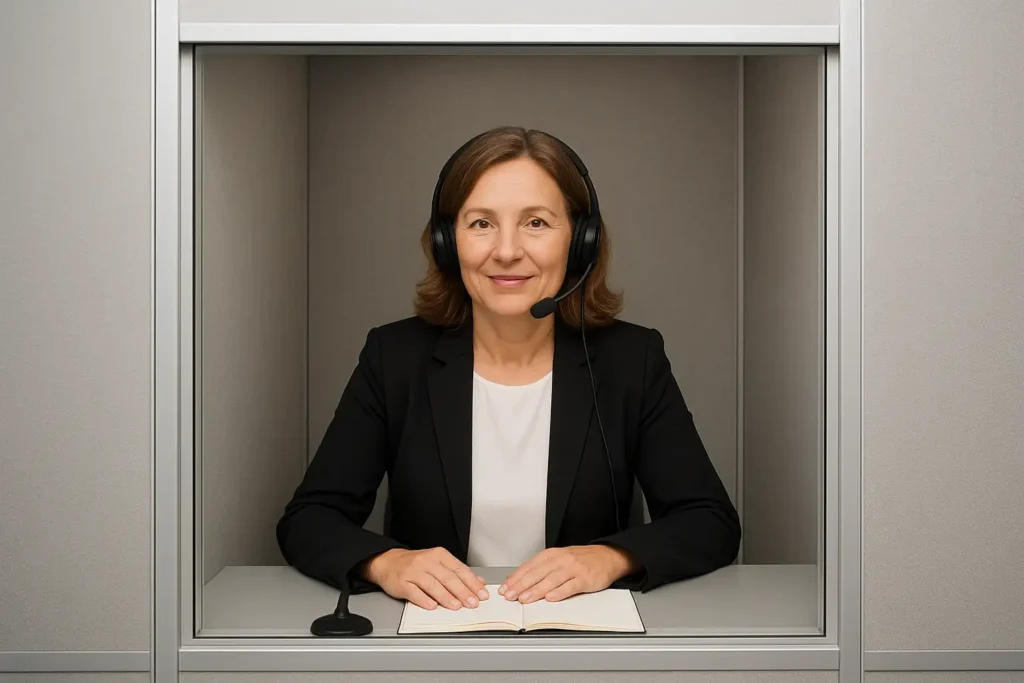 Intérprete jurado en cabina con unos auriculares puestos para llevar a cabo una interpretación simultánea.