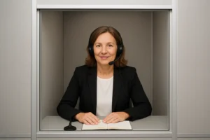 Intérprete jurado en cabina con unos auriculares puestos para llevar a cabo una interpretación simultánea.